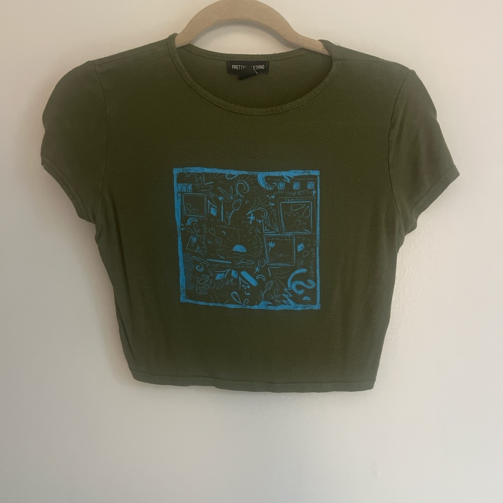 PrettyLittleThing Dark Green Tee with Blue Graphic
